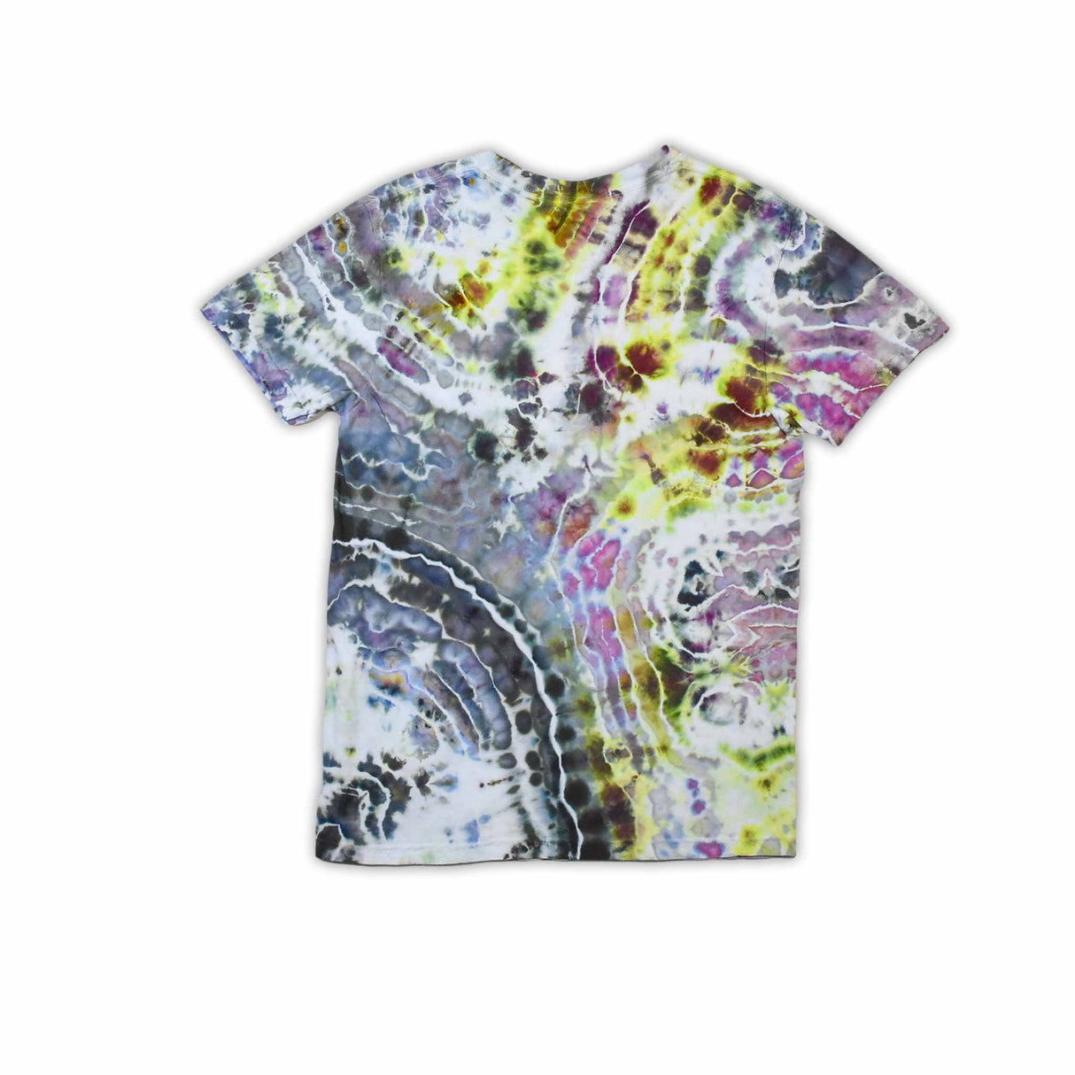 An artisanal ice-dyed t-shirt, its surface a canvas of swirling blues, purples, and chartreuse resembling geode formations, with the text 'dazed' in a stylized, icy lettering at the center.