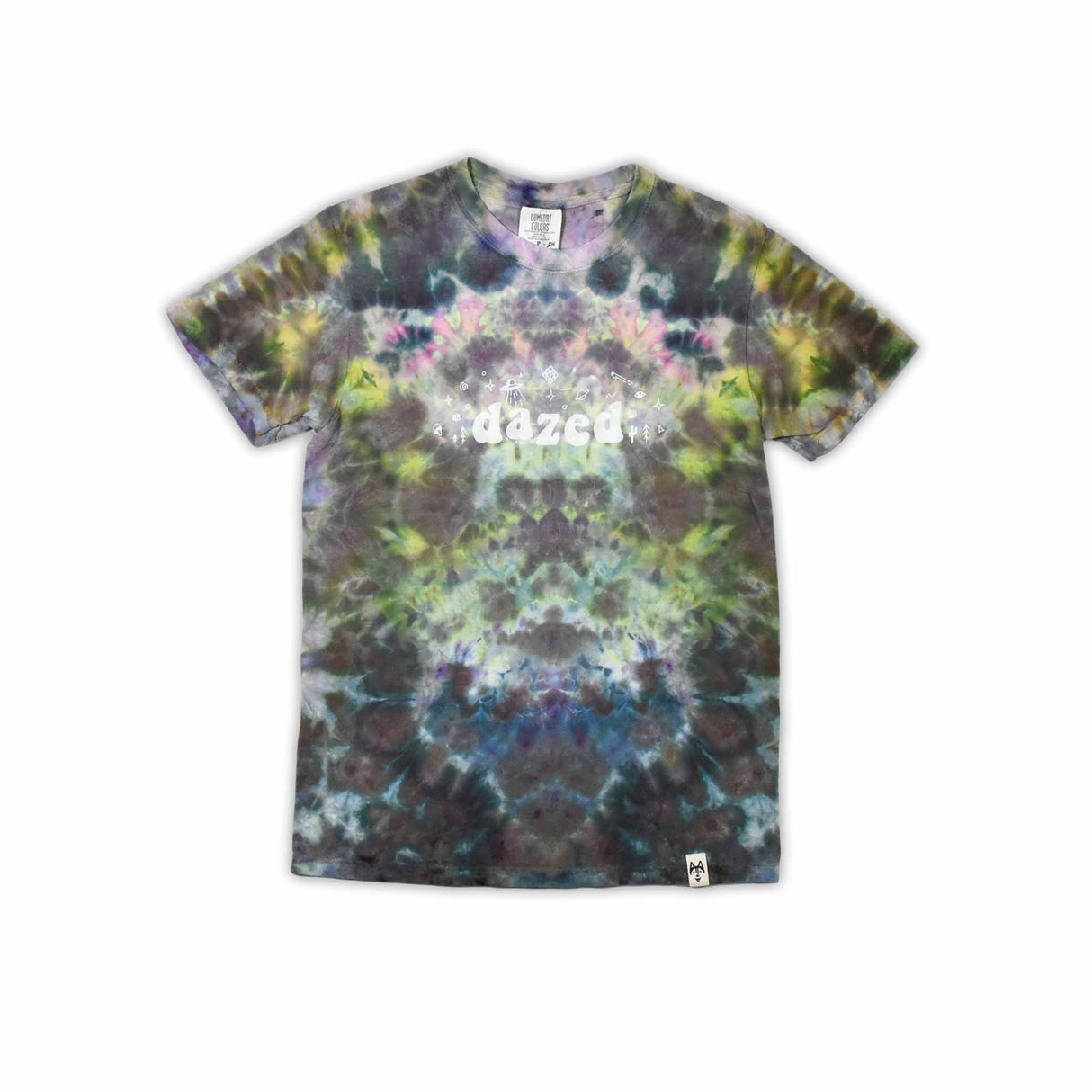 An eye-catching ice-dyed t-shirt showcasing a vibrant explosion of purples, pinks, and grays with a smoky effect around the 'dazed' text featured in the center.