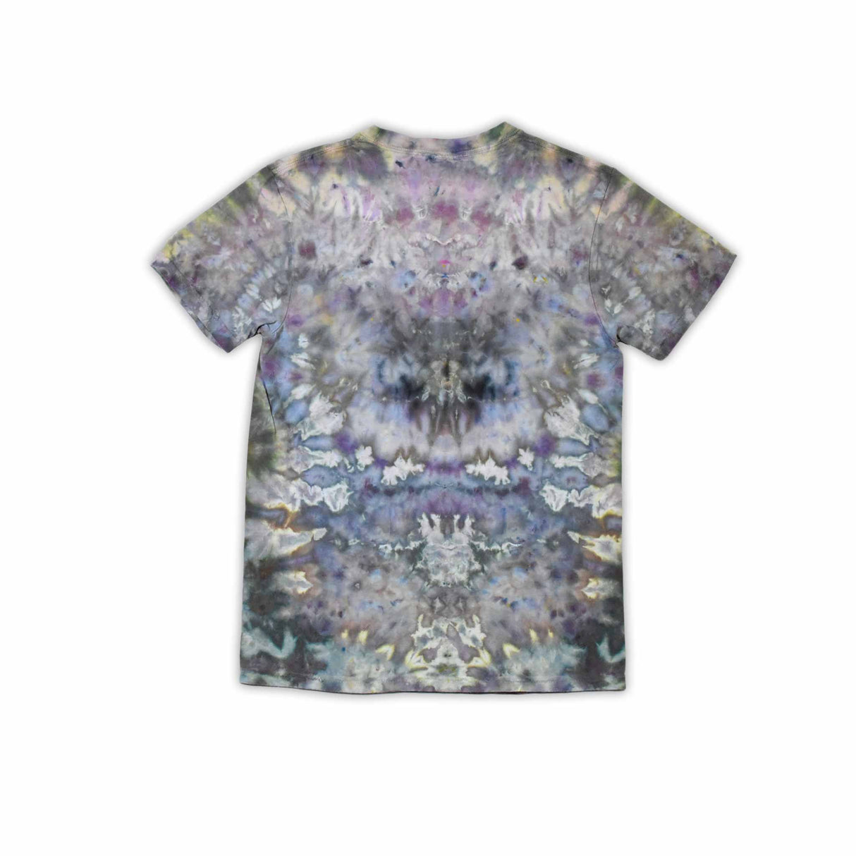 An eye-catching ice-dyed t-shirt showcasing a vibrant explosion of purples, pinks, and grays with a smoky effect around the 'dazed' text featured in the center.