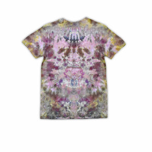 An eye-catching ice-dyed t-shirt showcasing a vibrant explosion of purples, pinks, and grays with a smoky effect around the 'dazed' text featured in the center.