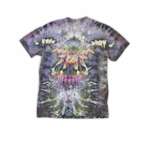 An eye-catching ice-dyed t-shirt showcasing a vibrant explosion of purples, pinks, and grays with a smoky effect around the 'dazed' text featured in the center.