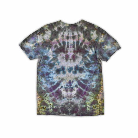 An eye-catching ice-dyed t-shirt showcasing a vibrant explosion of purples, pinks, and grays with a smoky effect around the 'dazed' text featured in the center.