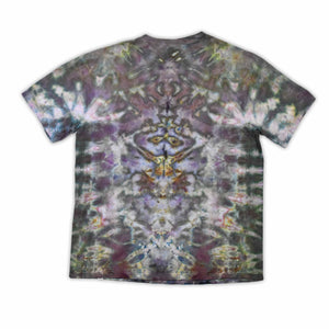 An eye-catching ice-dyed t-shirt showcasing a vibrant explosion of purples, pinks, and grays with a smoky effect around the 'dazed' text featured in the center.