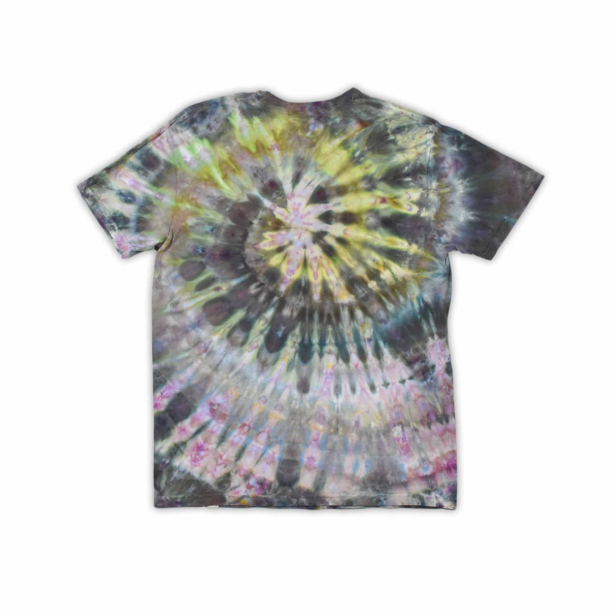 This t-shirt displays an intricate ice-dye effect that creates a starburst pattern with a mix of earthy and vibrant colors, highlighted by 'dazed' text in the middle in a style reminiscent of melting ice.