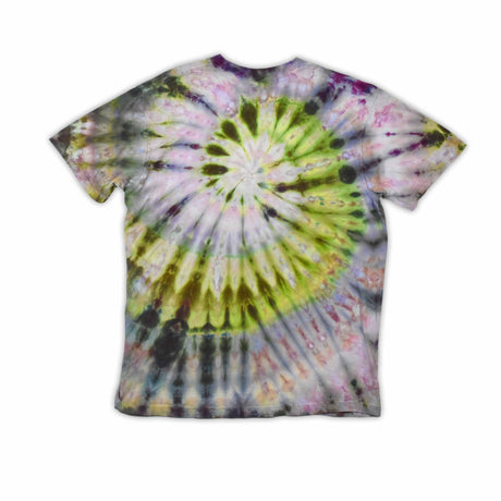 This t-shirt displays an intricate ice-dye effect that creates a starburst pattern with a mix of earthy and vibrant colors, highlighted by 'dazed' text in the middle in a style reminiscent of melting ice.