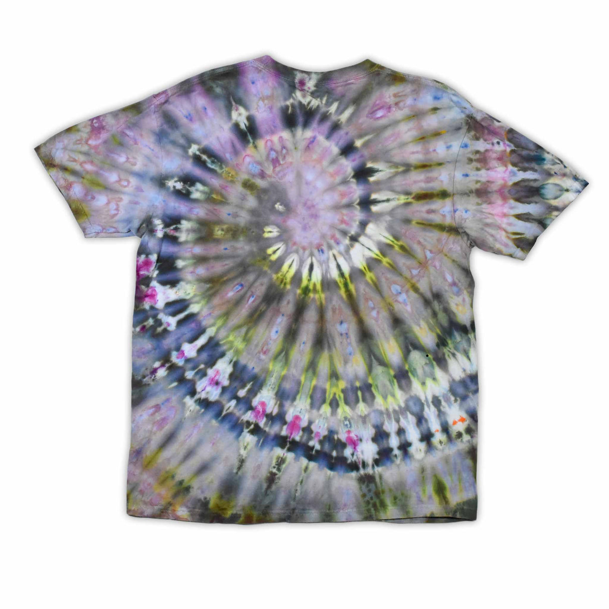 This t-shirt displays an intricate ice-dye effect that creates a starburst pattern with a mix of earthy and vibrant colors, highlighted by 'dazed' text in the middle in a style reminiscent of melting ice.