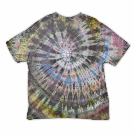 This t-shirt displays an intricate ice-dye effect that creates a starburst pattern with a mix of earthy and vibrant colors, highlighted by 'dazed' text in the middle in a style reminiscent of melting ice.