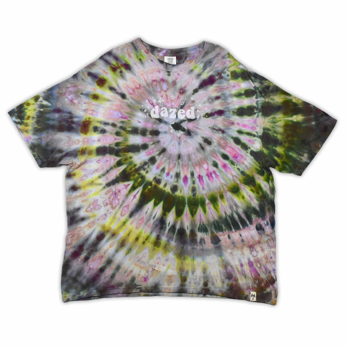 This t-shirt displays an intricate ice-dye effect that creates a starburst pattern with a mix of earthy and vibrant colors, highlighted by 'dazed' text in the middle in a style reminiscent of melting ice.