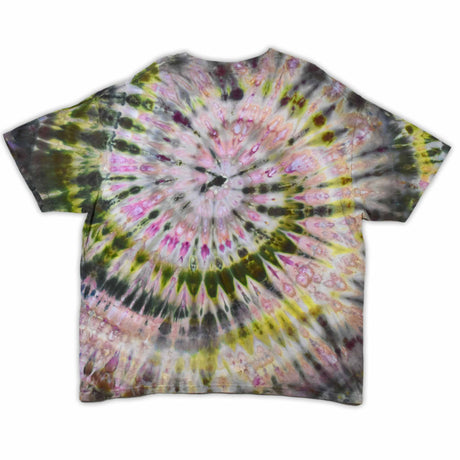 This t-shirt displays an intricate ice-dye effect that creates a starburst pattern with a mix of earthy and vibrant colors, highlighted by 'dazed' text in the middle in a style reminiscent of melting ice.