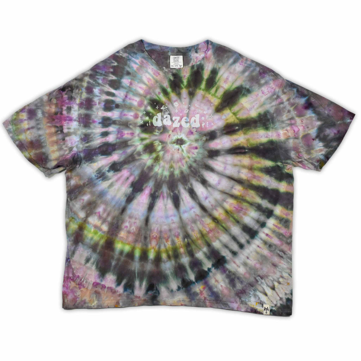 This t-shirt displays an intricate ice-dye effect that creates a starburst pattern with a mix of earthy and vibrant colors, highlighted by 'dazed' text in the middle in a style reminiscent of melting ice.