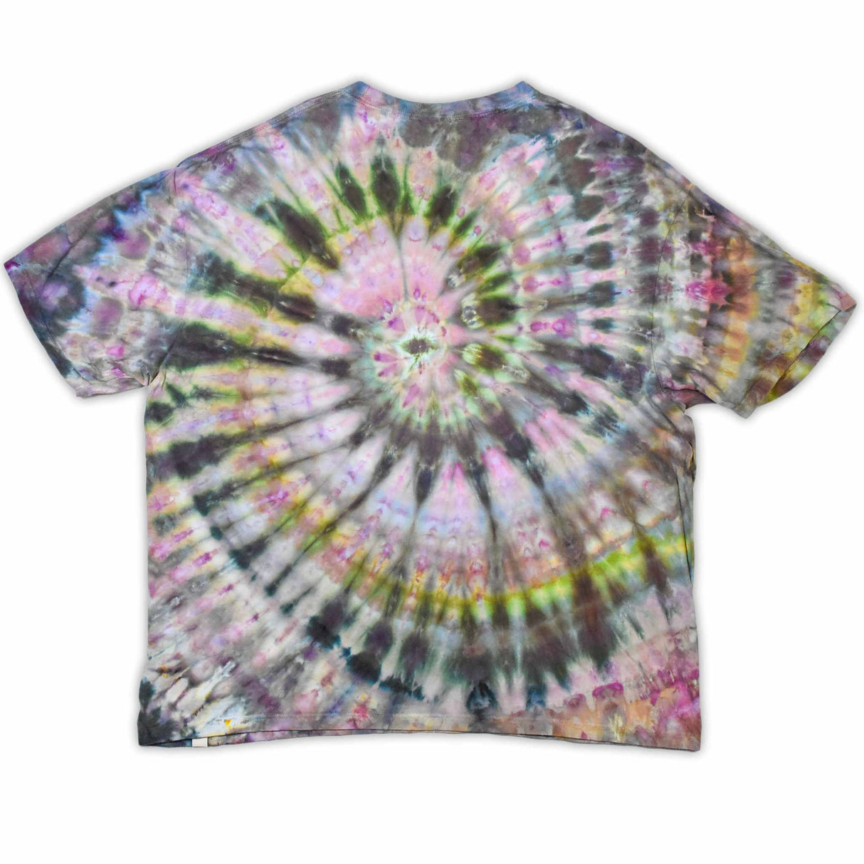 This t-shirt displays an intricate ice-dye effect that creates a starburst pattern with a mix of earthy and vibrant colors, highlighted by 'dazed' text in the middle in a style reminiscent of melting ice.