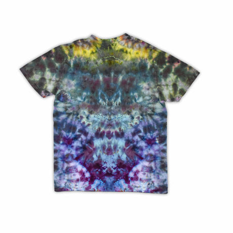 An ice-dyed t-shirt with a mesmerizing array of blues, purples, and subtle greens, reminiscent of a frozen geode, with 'dazed' in an icy font across the chest.