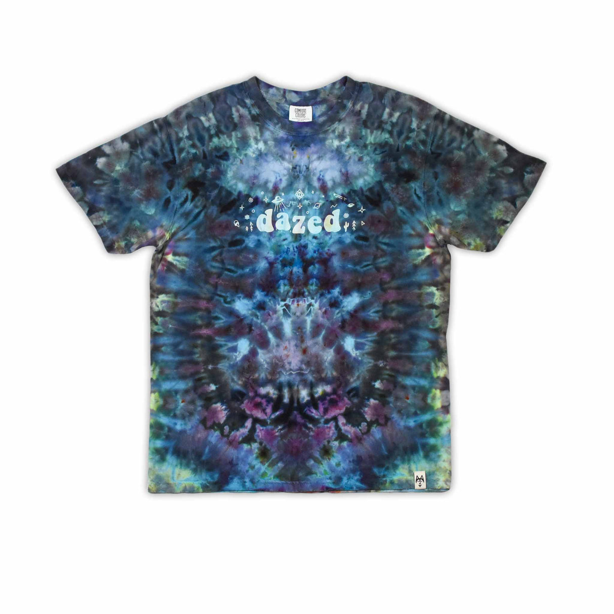 An ice-dyed t-shirt with a mesmerizing array of blues, purples, and subtle greens, reminiscent of a frozen geode, with 'dazed' in an icy font across the chest.