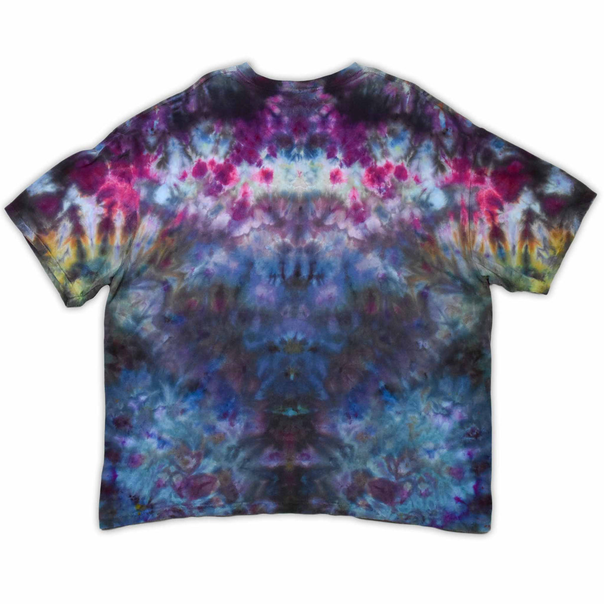 An ice-dyed t-shirt with a mesmerizing array of blues, purples, and subtle greens, reminiscent of a frozen geode, with 'dazed' in an icy font across the chest.