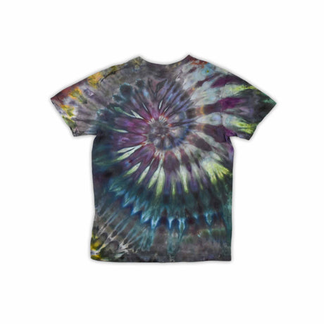 This t-shirt displays a stunning ice-dye technique creating a crystalline effect with vibrant blues, purples, and greens emanating outwards, with 'dazed' situated in the middle in a funky font.