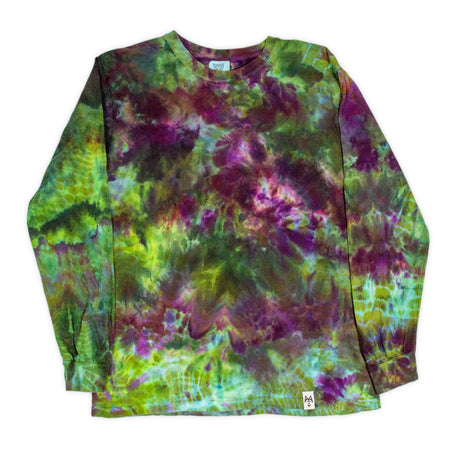 A mesmerizing tie-dye long sleeve shirt, with a fusion of emerald green, lavender, and burgundy hues.