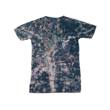 This unique t-shirt boasts a reverse dye effect, displaying a cosmic blend of dark hues with subtle pops of pink and purple against a black and brown backdrop.