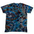 The t-shirt boasts a complex reverse dye design, reminiscent of a cross-section of a geode, with layered blue and brown circular patterns.