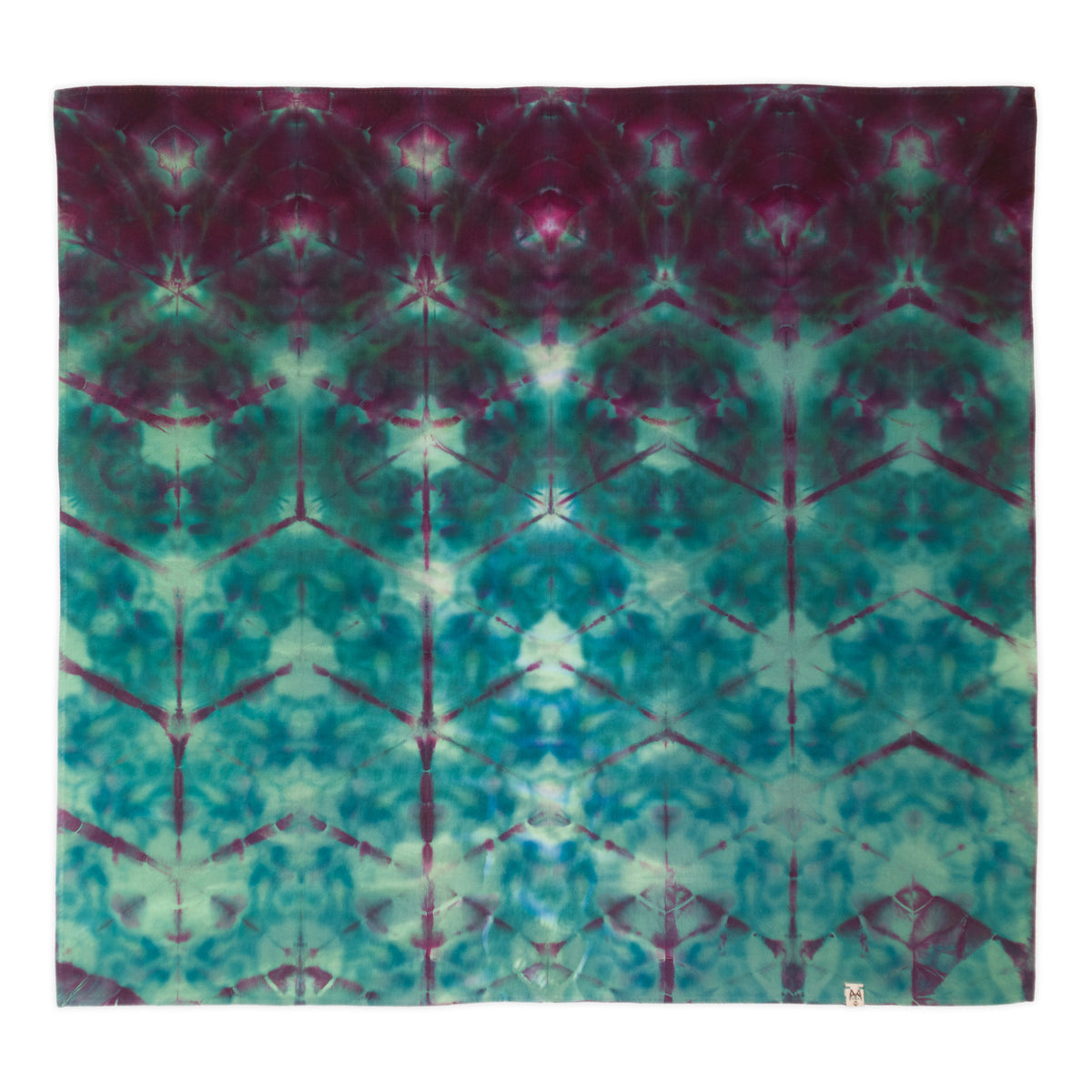 A square fabric bandana featuring a symmetrical tie-dye pattern in teal, turquoise, and deep magenta-purple, displayed flat against a white background.