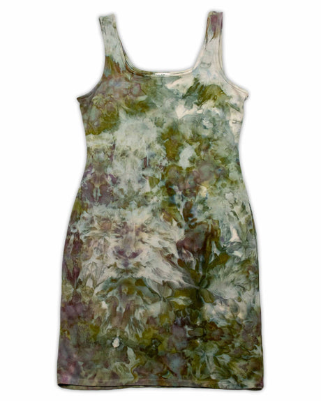 An artistic ice-dyed dress with a gentle color palette, featuring smudged impressions of olive, mauve, and earthy tones for a natural look.