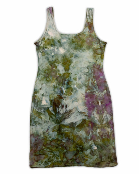 An artistic ice-dyed dress with a gentle color palette, featuring smudged impressions of olive, mauve, and earthy tones for a natural look.