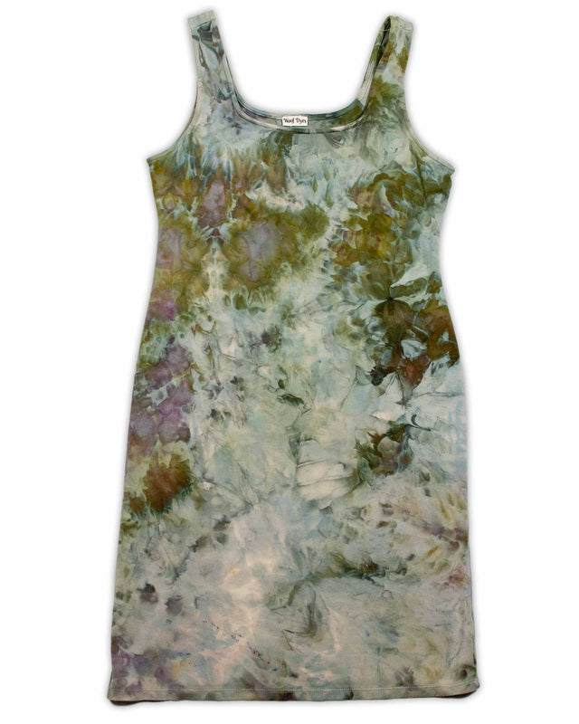 An artistic ice-dyed dress with a gentle color palette, featuring smudged impressions of olive, mauve, and earthy tones for a natural look.