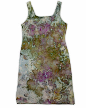 An artistic ice-dyed dress with a gentle color palette, featuring smudged impressions of olive, mauve, and earthy tones for a natural look.