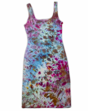 An ice-dyed tank dress with an explosion of color, including bright pinks, deep blues, and earthy browns, creating an abstract floral effect.