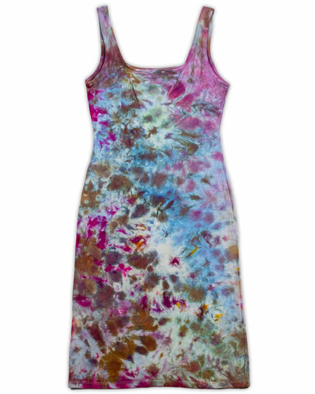 An ice-dyed tank dress with an explosion of color, including bright pinks, deep blues, and earthy browns, creating an abstract floral effect.