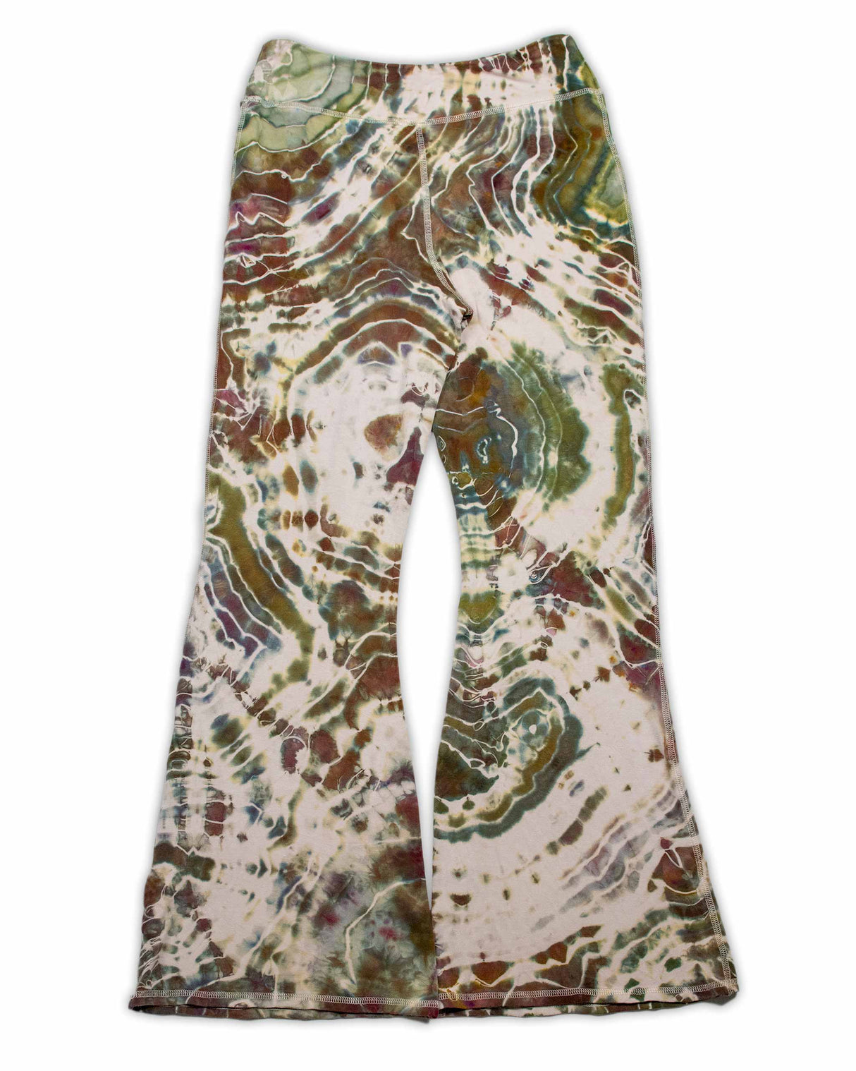 A pair of ice-dyed wide-leg pants that evoke the colors of the earth, with detailed patterns in shades of sage, wine, and sandstone.