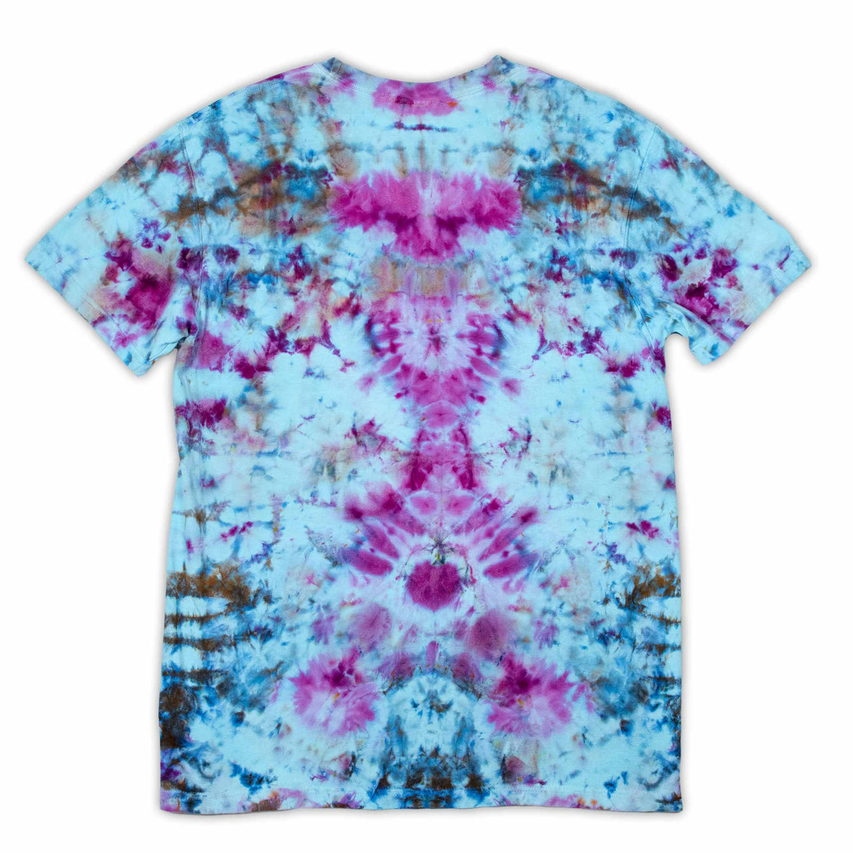 A t-shirt featuring a symmetrical ice dye pattern with a vibrant explosion of sapphire blues and fuchsia pinks against a soft blue background.