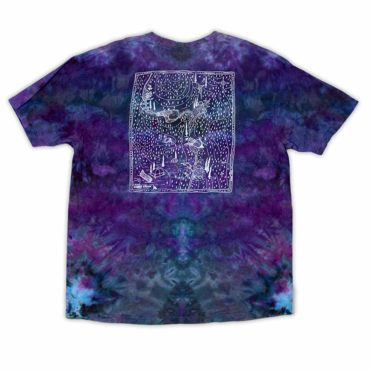 The 'Dinkey Creek' map artwork pops against the swirling backdrop of an ice dye design in rich purples and blues on this comfortable t-shirt.