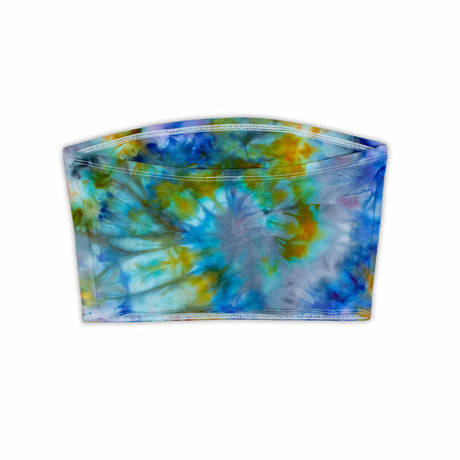 An eye-catching ice-dyed bandeau top with swirling patterns of cerulean, lemon, and sea green, evoking an abstract impressionist artwork.