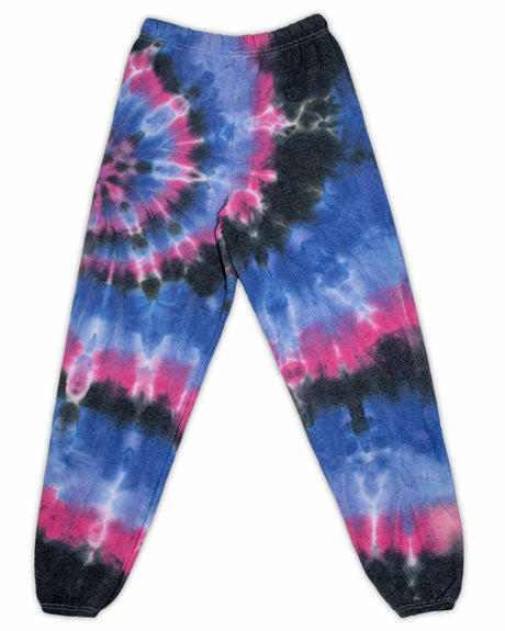 A pair of cozy sweatpants with a vibrant tie-dye pattern in shades of blue, pink, and dark navy, with a classic spiral design.