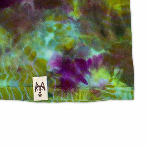 A mesmerizing tie-dye long sleeve shirt, with a fusion of emerald green, lavender, and burgundy hues.