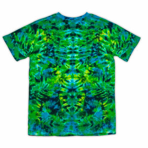 An eye-catching tie-dye t-shirt, with a psychedelic twist of lime green, royal blue, and lime green dyes in a crumpled pattern.