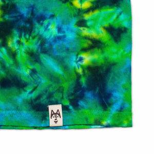 An eye-catching tie-dye t-shirt, with a psychedelic twist of lime green, royal blue, and lime green dyes in a crumpled pattern.