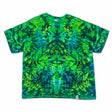 An eye-catching tie-dye t-shirt, with a psychedelic twist of lime green, royal blue, and lime green dyes in a crumpled pattern.