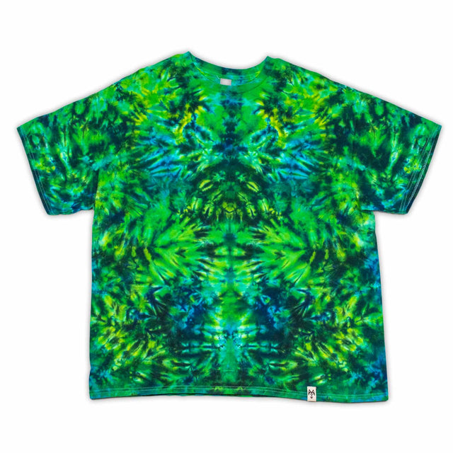 An eye-catching tie-dye t-shirt, with a psychedelic twist of lime green, royal blue, and lime green dyes in a crumpled pattern.