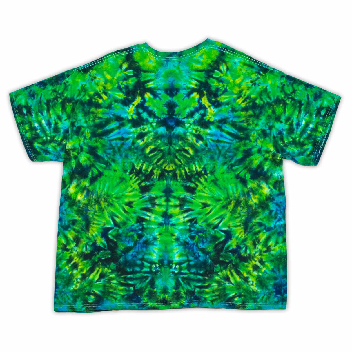 An eye-catching tie-dye t-shirt, with a psychedelic twist of lime green, royal blue, and lime green dyes in a crumpled pattern.