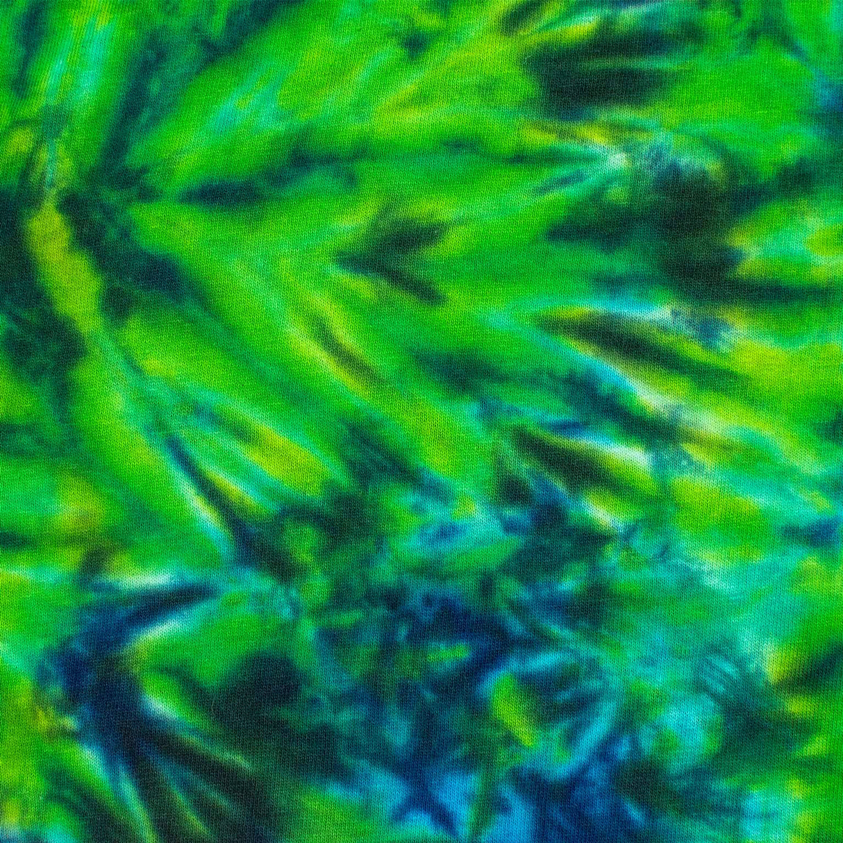 An eye-catching tie-dye t-shirt, with a psychedelic twist of lime green, royal blue, and lime green dyes in a crumpled pattern.