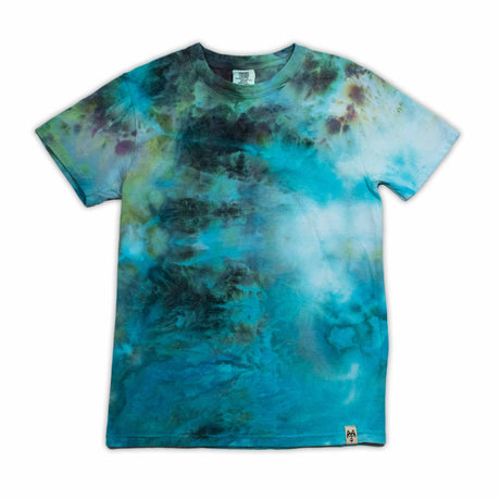 An ice-dyed t-shirt with a fluid, watercolor-like pattern in shades of cerulean, teal, and indigo, evoking a serene aquatic scene.