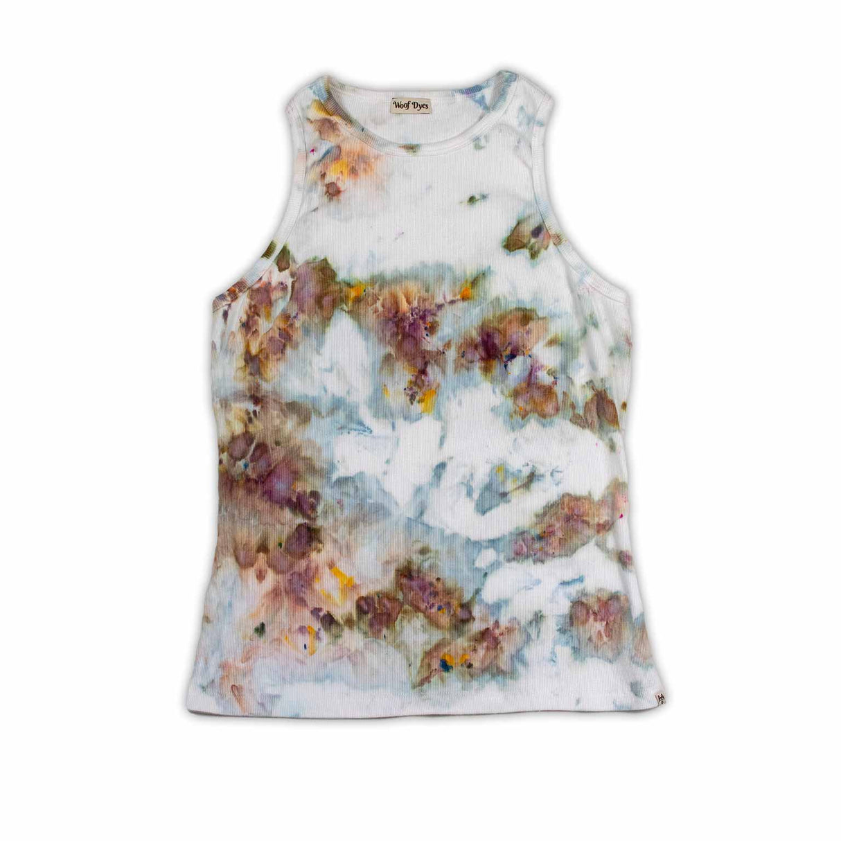 This tank top offers a dreamy ice-dyed canvas of dusty rose, pale violet, and creamy yellow, mingling in an impressionistic style.