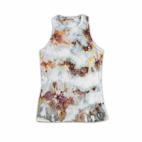 This tank top offers a dreamy ice-dyed canvas of dusty rose, pale violet, and creamy yellow, mingling in an impressionistic style.