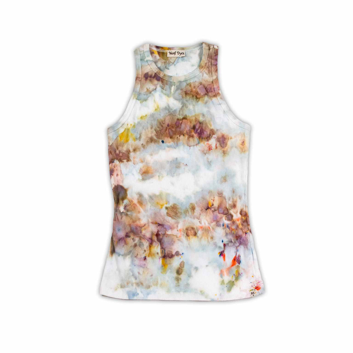 This tank top offers a dreamy ice-dyed canvas of dusty rose, pale violet, and creamy yellow, mingling in an impressionistic style.