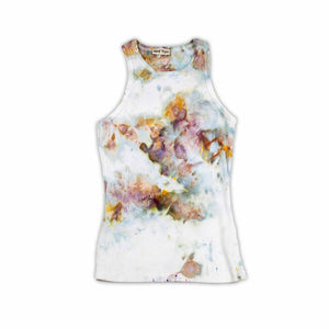 This tank top offers a dreamy ice-dyed canvas of dusty rose, pale violet, and creamy yellow, mingling in an impressionistic style.