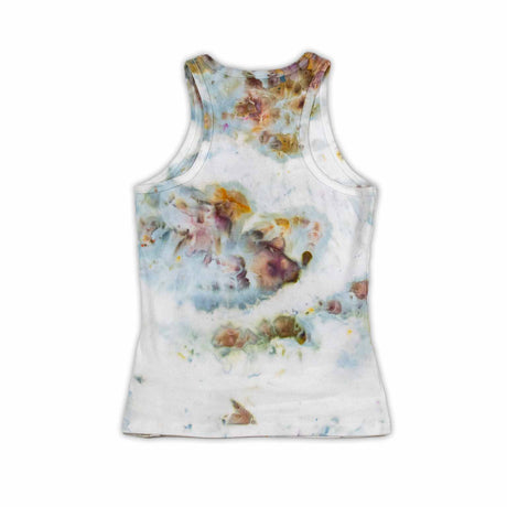 This tank top offers a dreamy ice-dyed canvas of dusty rose, pale violet, and creamy yellow, mingling in an impressionistic style.