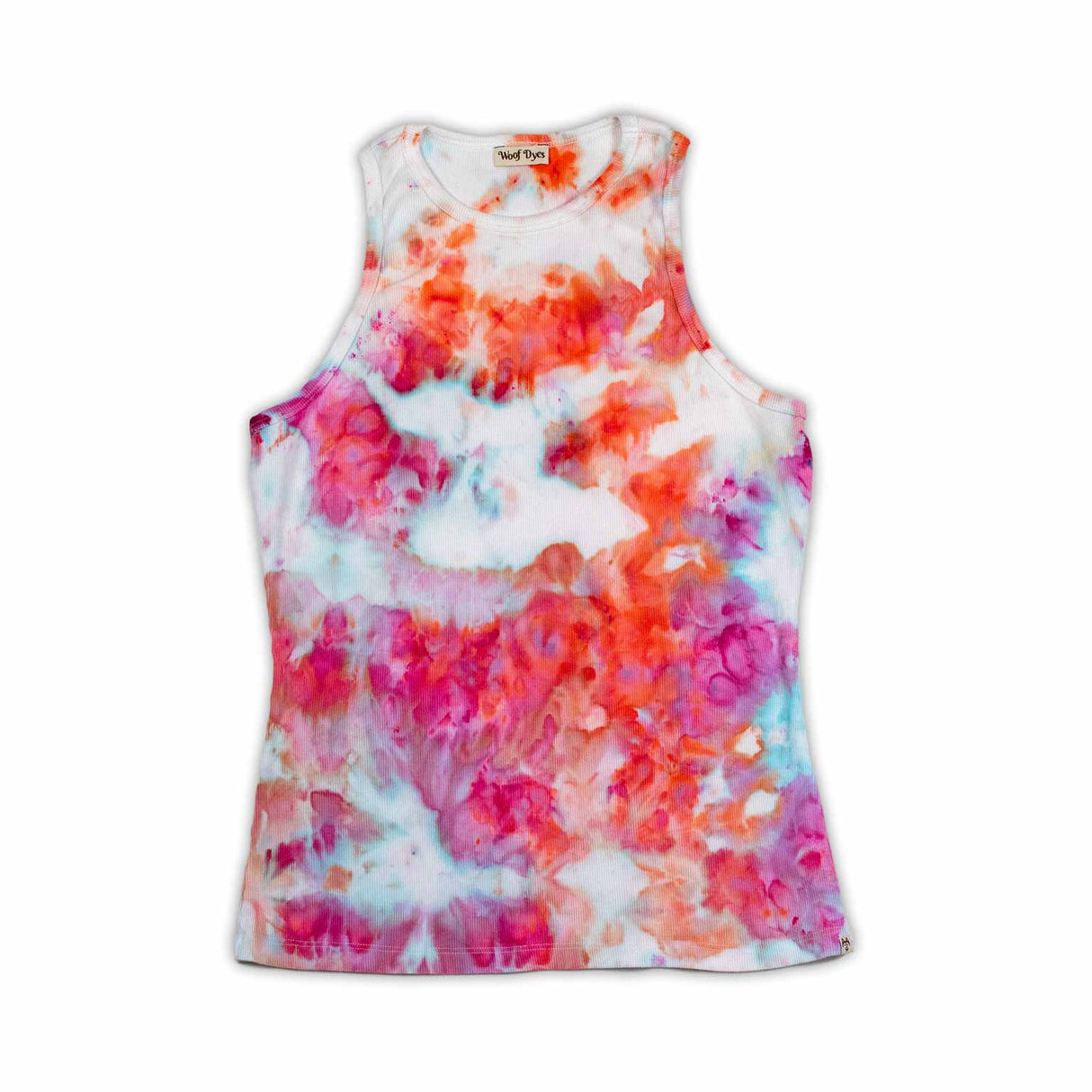 A casual yet chic high-neck women's tank top with an ice dye technique creating a soft fusion of pink and blue colors, similar to a pastel nebula.