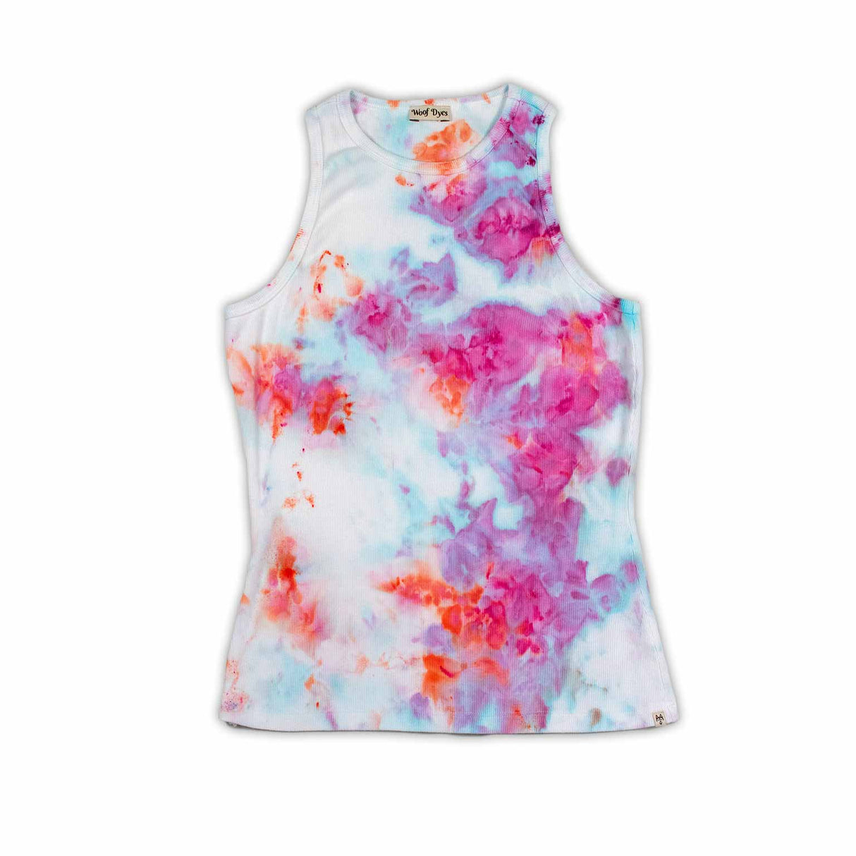 A casual yet chic high-neck women's tank top with an ice dye technique creating a soft fusion of pink and blue colors, similar to a pastel nebula.