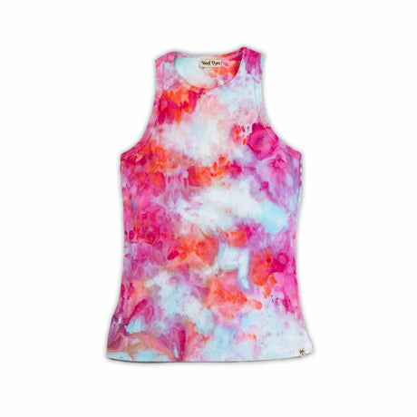 A casual yet chic high-neck women's tank top with an ice dye technique creating a soft fusion of pink and blue colors, similar to a pastel nebula.